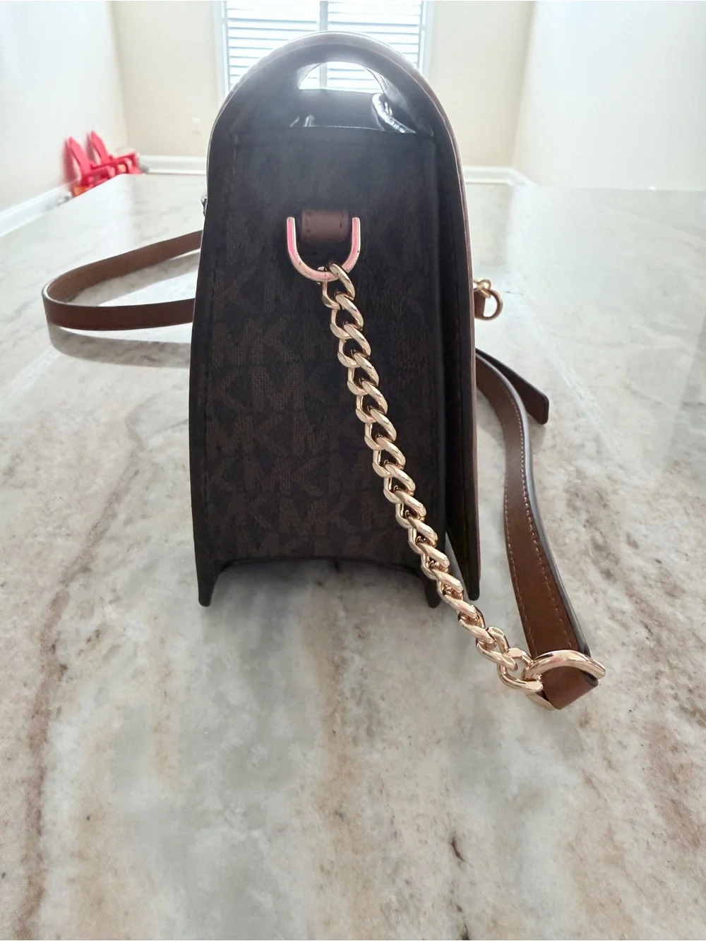 Michael Kors Brown and Tan Logo Crossbody Bag 6” H x 9” W